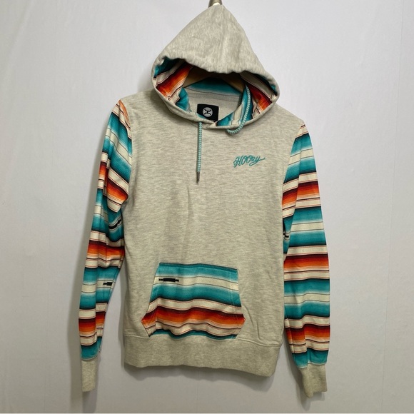 Hooey Hoodie Small Gray Serape Stripe Pocket & Sleeves Southwestern Aztec Style - Picture 1 of 9